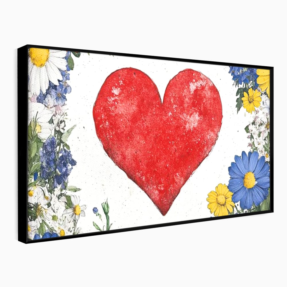 Tablou canvas cu tablou canvas cu inima rosie si flori, in rama de aluminiu negru